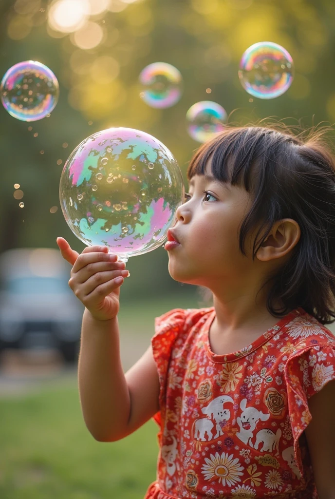 Photo for a post on a social network with a 4-year-old , who plays blowing bubbles