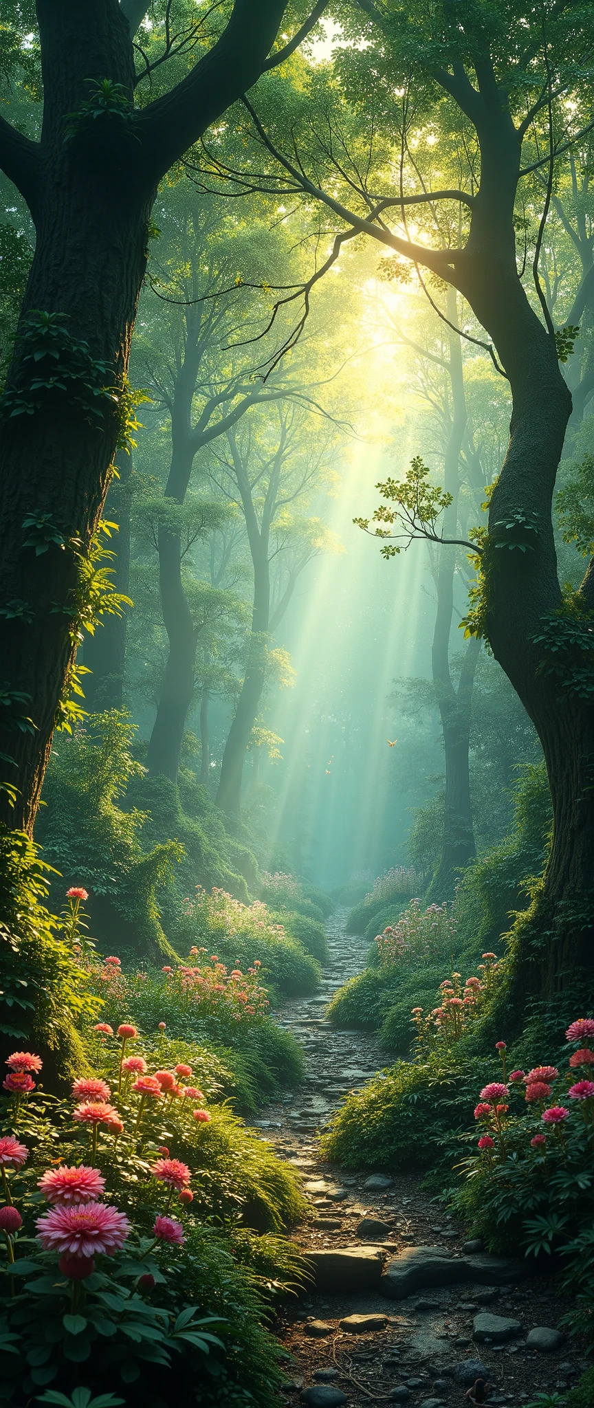 high resolution image standing on a cloth、tree々and seven-colored flowers、 Mysterious Forest with Magical Beings Hidden in Branches 、 8k、 High Quality Giant Forest 、 tree陽漏れ、  a forest believed to be inhabited by fairies、 Soft morning sun shines through the deep forest。
