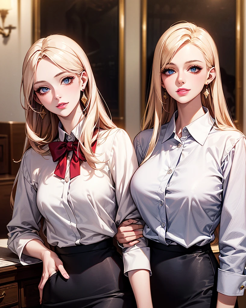 (masterpiece, best quality, hires, high resolution:1.2), (depth of field:1.2), 2girls in an office BREAK short skirt, blonde hair, long hair, earrings, jewelry, blunt bangs, makeup, brown eyes BREAK tight black pants, black hair, long hair, earrings, jewelry, makeup, brown eyes