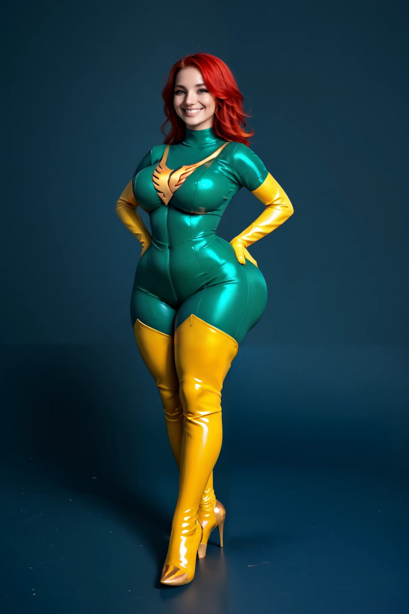 score_9, score_8_up, score_7_up, 1girl, JeanGrey, long red hair phoenix bodycon suit, phoenix ,green bodycon suit ,gold elbow gloves, gold thigh highs, large pass, large breasts, plumpy buttocks, gigantic breast, happy, smile, zPDXL, full body