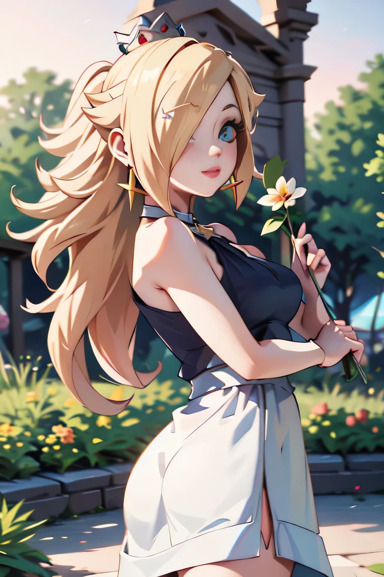 work of art, best qualityer, 8K CRU, Bokeh film grain, IncrsRsln, wearing ancient Greek clothes, hair over one eye, tails, make up, appealing, blond, pillars, plants,