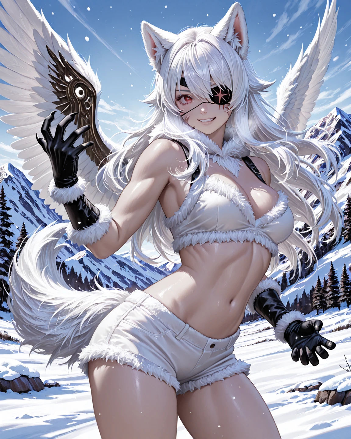 ((Seductive lady:1.3, solo:1.2))、((fusion of fox and lady:1.5))、((winter mountains background:1.4))、((outdoor))、((snowing:1.3))、((blizzard:1.3))、((fur clothes:1.5))、((fur shorts:1.2))、((fur boots:1.2))、((dynamism posing:1.5))、((Open crotch:1.3))、((bent down:1.5))、((huge breasts:1.3))、((underboob:1.5))、((wedgie:1.2))、((hand in pocket:1.5))、((Glossy realistic skin texture:1.2))、((shiny skin:1.2))、perfect anatomy、masterpiece, ultra-detailliert, 8k, hiquality, Top image quality, Smooth texture、Sharp Focus, watercolor