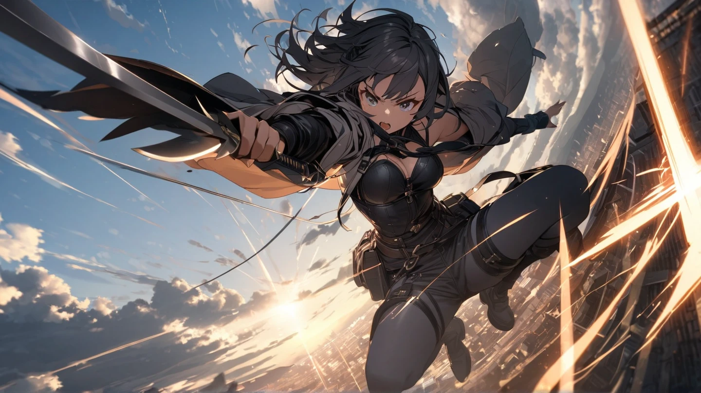 female knight Black Hair armor Torn white skirt No underwear battlefield Falling