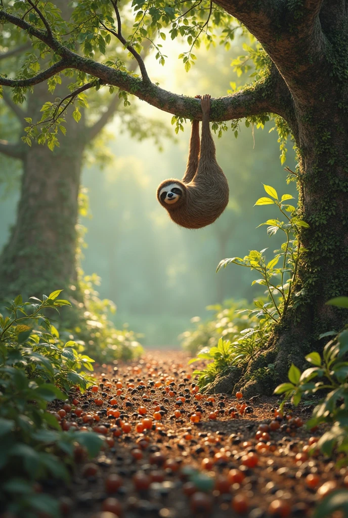 Ants carrying food at work and a sloth on a tree