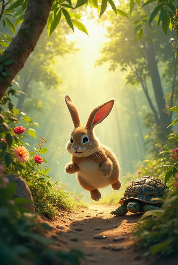 A vibrant jungle scene with a speedy rabbit and a slow turtle walking ...