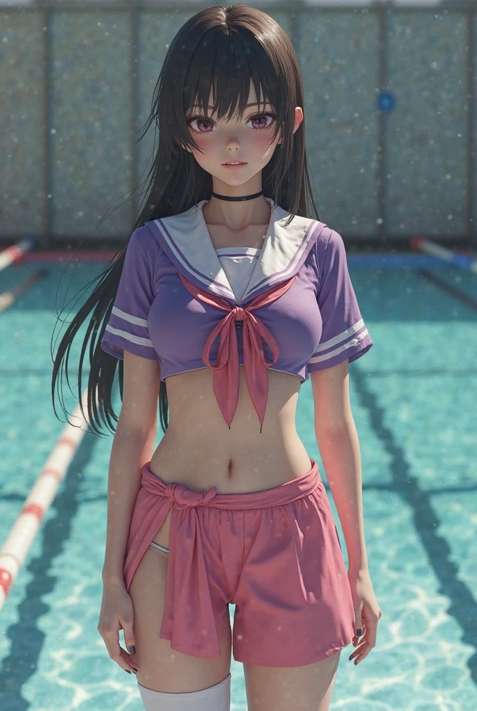 ((masterpiece, best quality, highres, UHD, perfect pixel, depth of field, 4k, RTX, HDR))), 1girl, single, solo, cleavage, beautiful girl, beautiful artstyle, ((Detailed beautiful eyes, beautiful eyelashes, realistic eyes)), ((detailed face)), ((smooth texture, realistic texture, photorealistic)), large breasts, small ass, perfect body, ((cowboy shot)), ((( white sheer sailor shirt, Sleeveless, Open front))), (((Navel ))), (((Sheer Micro Mini Skirt))), poolside, Perfect Eyes Eyes
