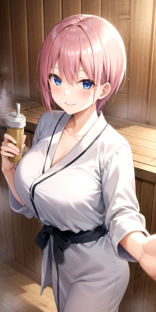 1girl, solo, nakano ichika, pink short hair, (naked:1.3), (white apron), large breasts, cleavage, thighs, cafe background, (blushing:1.2), smiling