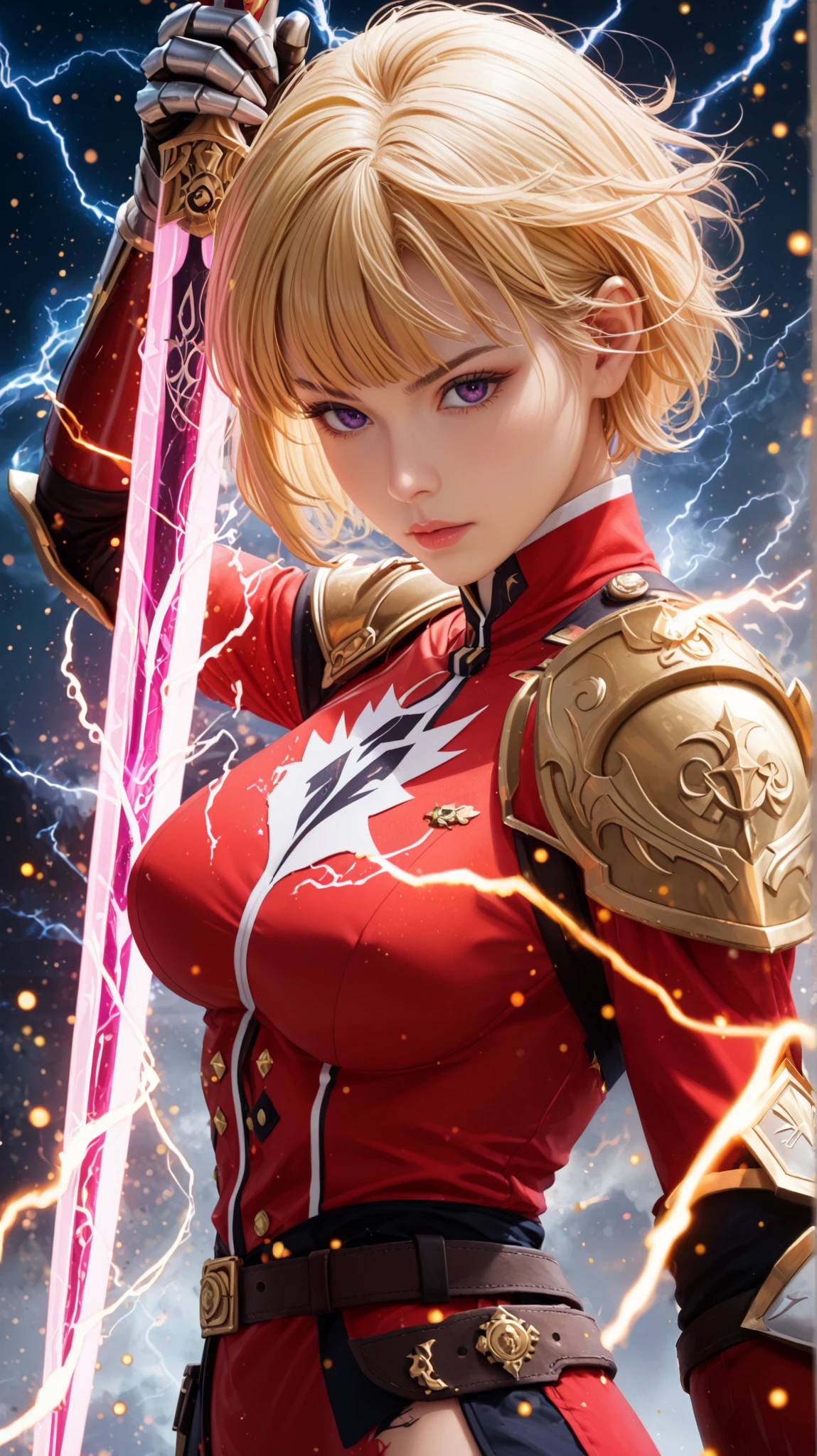 Rating 9, Rating 8, Rating 7, Rating 6, Anime Origin, Explicit Rating, Glowing Skin, Light Particles, Mature Woman, Girl, Slender Body, Slender Legs, Solo, Narrow Shoulders, Slim Body, Medium Chest, Short Hair, Bangs, Blonde Hair, Purple Eyes, 1 girl, (solo:1.1), blonde hair, short hair, purple eyes, bangs, red outfit, shoulder pad, belt, gauntlets, expressionless, narrow shoulders, heavy breathing, smoking body, night, standing, Cha Hae-In from Solo Leveling in a battle-ready stance, her golden sword glowing intensely with radiant energy. She raises her blade defensively, her sharp golden eyes shining with immense power. Her body is surrounded by crackling golden lightning, illuminating the dark background with dynamic energy arcs. Her short blonde hair flows slightly due to the immense aura emanating from her. Her combat uniform, black and white, is slightly torn, showcasing the aftermath of a fierce battle. The scene is highly cinematic, with dramatic lighting and a deep blue and gold contrast. Energy particles float around her, emphasizing her overwhelming presence. The composition captures her from a dynamic anime-style angle, enhancing her fierce and determined expression. Ultra-detailed anime cinematic style, highly polished visuals, 8K ultra HD, shot with a Sony A7R IV, 50mm f/1.2 lens, creating intense depth and an epic, high-energy atmosphere
