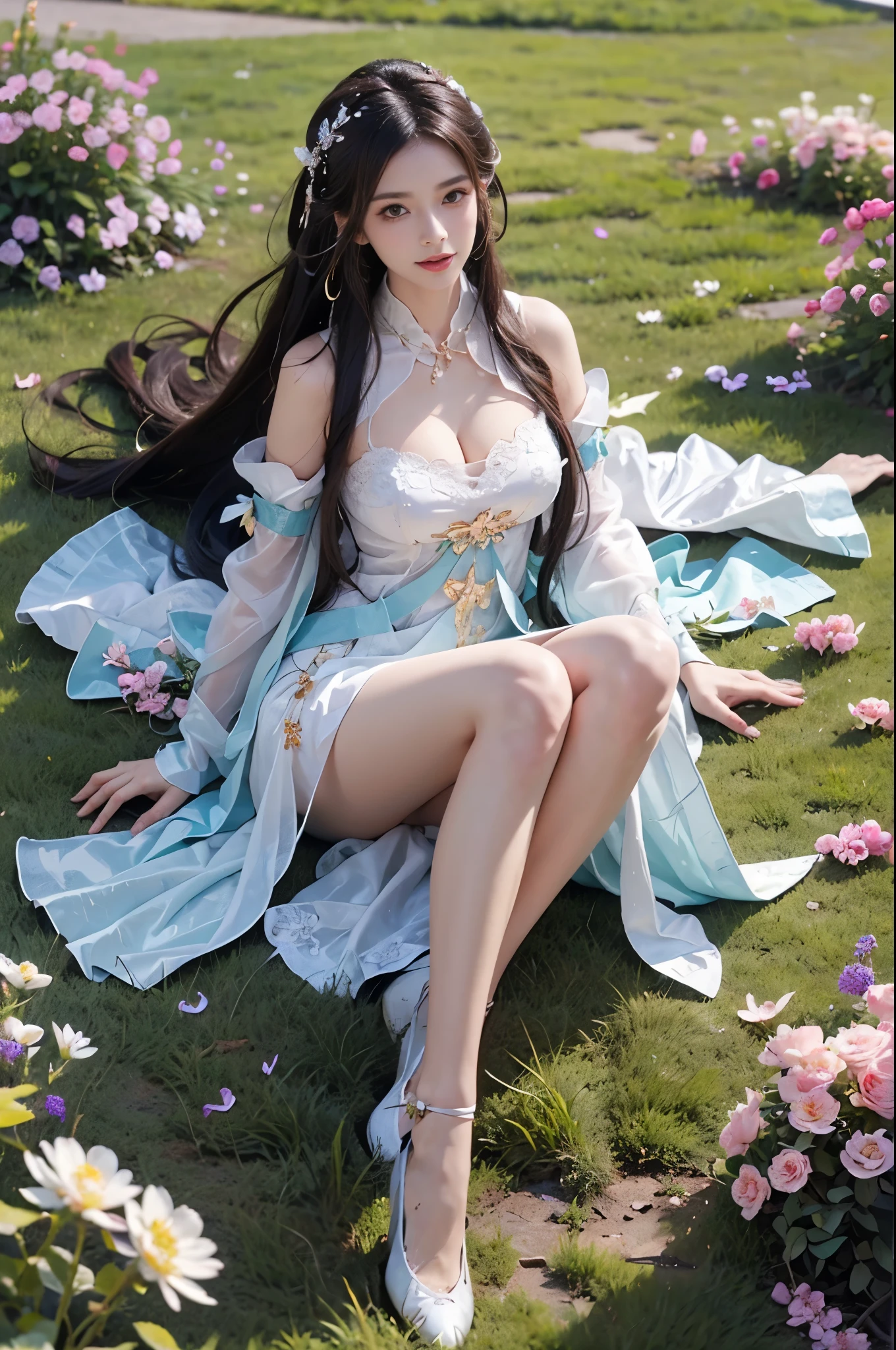 (hyperrealistic) , (illustration), (increase resolution), (8K), (extremely detailed), (best illustration), (beautiful detailed eyes), (best quality), (ultra-detailed), (masterpiece), (wallpaper), (detailed face), solo, 1 girl, looking at the audience, exquisite details, detailed face,,pureerosfaceace_v1, smile, long hair, straight hair, 46-point slanted bangs, exposed short kimono, sexy pose, full body photo, open chest, Grass, no underwear