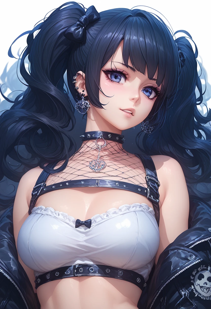 (high quality, 8k, 4K, high contrast, artwork:1.2, high quality, best aesthetics), (centered), (front view), ((1 woman)), erotic, sensual, mature body, grown woman, super detailed, beautiful face detailed, beautiful eyes detailed, detailed beautiful mouth, (long black wavy hair), (light blue eyes), (black eyeliner), (black eyeshadow), (black lipstick), (relaxed expression), (serious penetrating gaze), (looking at the viewer), (standing), (straight posture), (woman facing forward), (women's black playboy bunny costume), (black bunny ears), (white collar with black bow tie), (pantyhose), (light simple background), (big breasts), (wide thighs)