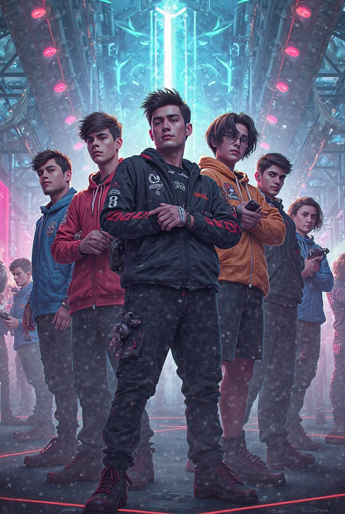 4 teenage boys,all 4 boys black skin, all wearing black skin jeans,one boy with a black t-shirt written ASPECT on it ,one boy in a grey hoodie written PHANTOM on it ,one boy with a red t-shirt written VANDA on it,one boy with a white vest written EVOLUTION on it,all boys with different hair styles ,a dark back ground with lightening and zombies walking around, each one holding game controllers,
