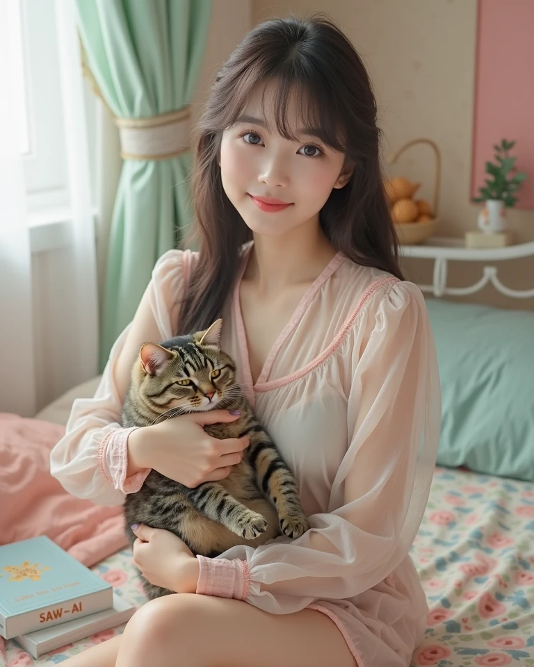 Brown hair, girl, neat, semi-long hair, wakes up, floral bed, with cat, smiling