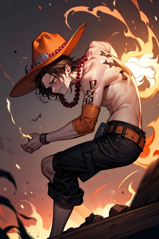 (masterpiece), (best quality:1.4), absurdres, [:intricate details:0.2], hyperrealistic, photography, kkw-ph1, 1 man, young, 18-year-old, (elven:0.7) portgas d. ace, freckles, hat, topless male, shorts, belt, jewelry, necklace, brown hair flaps, (style-swirlmagic:1.0), looking down, solo, (full body:0.6),  sinister smirk, red color scheme, dark purple light, library, glowing magical runes, dark atmosphere, shadows, realistic lighting, floating particles, embers, surrounded by fire, summoning, red arcane symbols, power-hungry eyes,