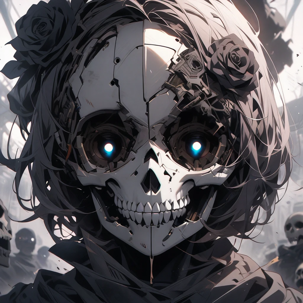 In the shadows of the night, a grotesque cybernetic implant protrudes from a human skull, wires intertwining with decaying flesh. This haunting image is captured in a stunningly detailed and eerie black-and-white photograph. The intricately detailed metal implant gleams ominously against the stark backdrop of rough urban decay. The play of light and shadows creates a chilling atmosphere, evoking a sense of unease and fascination in the viewer. This high-quality image skillfully combines elements of technology, horror, and beauty, drawing attention to the dark side of humanity's endless pursuit of advancement.anime girl