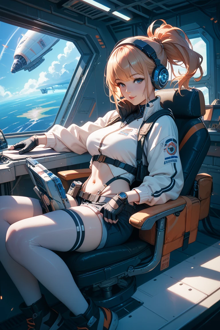 In the command room of the submarine、I am the girl in charge of sonar、Female crew in polka-dot swimsuit、Sailor cap on the head、polka dot bikini swimsuit、Wear large headphones、Sit on a chair、Work towards the control panel on the board、With your back turned