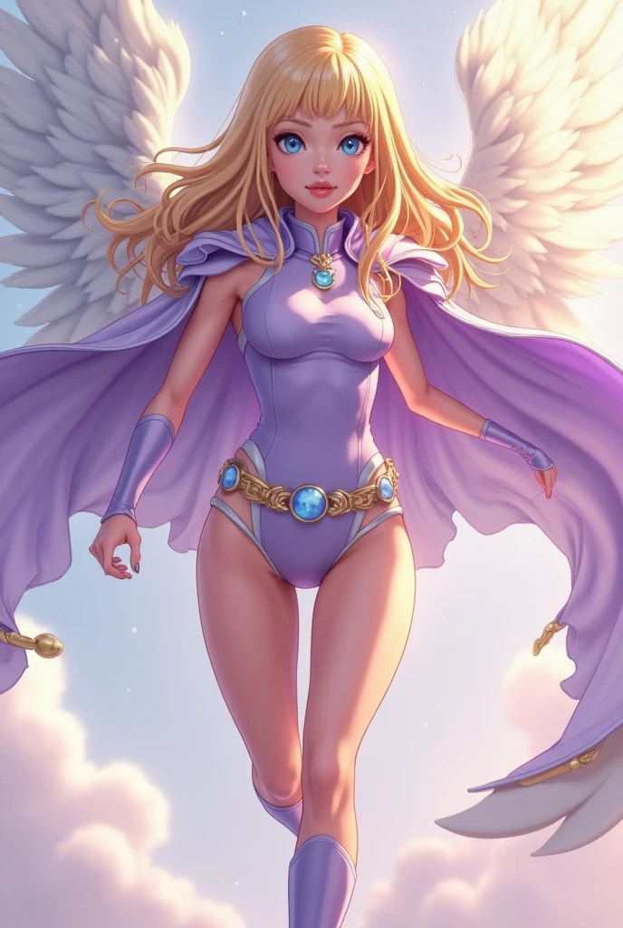 (mature woman:1.1), sfw, ascending to heaven, falling feathers, white wings, angelic halo, long hair, messy hair, blonde, blue sky, heavenly highlight, light particle, vibrant colors, clouds
