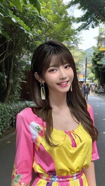 “A beautiful woman with a large chest wearing a traditional festival happi , smiling and enjoying the festival atmosphere. She has long, flowing hair and is standing against a backdrop of colorful festival decorations and lanterns. The scene is lively and vibrant, capturing the essence of a traditional Japanese festival.”
