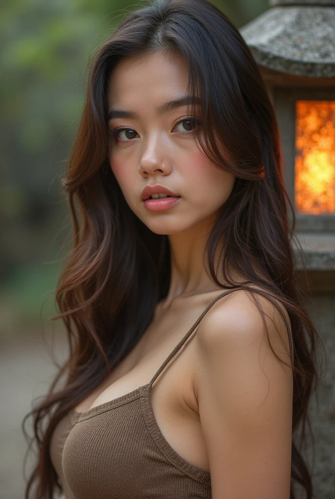 (Photorealsitic:1.4)、female、45 year old、Soryu Asuka Langle、extremely busty,A slender、((((Wearing a red and orange outfit))、top-quality、extremely delicate and beautiful、high resolution、beautiful illuminating、1girl in、tall philanthropist、Earth Eye、Brown hair、(So real that you can mistake it for a photo)、illuminating the face、illuminating、face perfect、(Ultra-detailed eyesnose-mouth)、sexypose、illuminating the face、(Draw the whole body)、face perfect、ancient castle in the background, upper body, cowboy shot, red emergency light, exposed skin