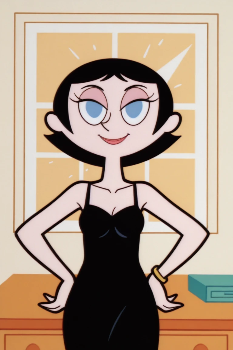 powerpuff girls, flat color, drop shadow, portrait, looking at viewer, closed mouth, 1girl, Keane, short hair, black hair, hair bob, blue eyes, hands on hips, a black spaghetti strap dress, a short black dress, black chocker, gold bracelets, indoor bedroom, a yellow sunset from her window, seductive smile, posing, desk, laturn