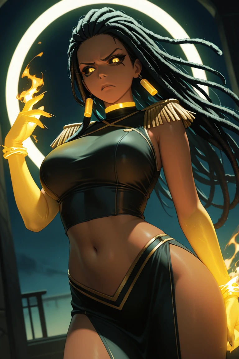 a afro Hero (masterpiece, best quality), 2000's anime art style, gauntlet dark legacy, 1girl, yellowsorceress, dark skin, white eyes, widow's peak hairline, full afro hairstyle, full afro, white hair, big breasts, yellow sequined thin strapped dress that reveals a lot of cleavage with a low back, and high thigh slit, black chain belt,