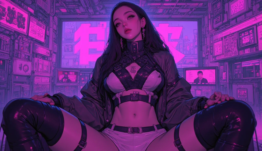 Cyberpunk, android beauty, electronic components, mechanic, (high resolution, young black-haired beauty), only one, very small micro underwear, the tip of the protrudes, the body line is very sexy, the crotch is wide open, the shape of the tip of the is clearly visible, the pubic area is clearly visible, the crotch is wide open, the underwear that sticks to the wet skin, ultra-thin underwear, Lying in bed