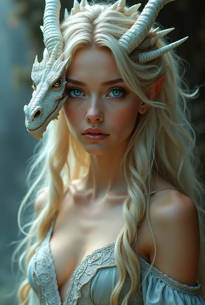 A beautiful dragon woman, fairy tale universe, Half woman half dragon, blue colored eyes, long and blonde hair.