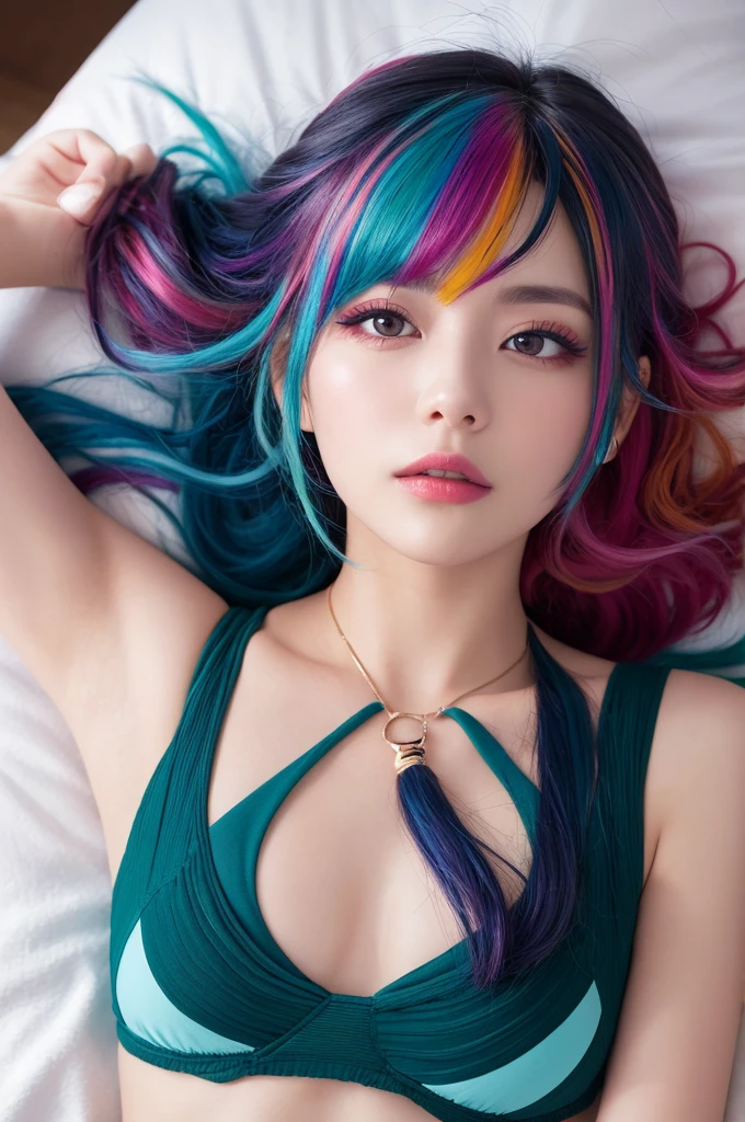 （Pink fashion T-shirt：1.9），（Colorful hair：1.8），（Rainbow all colors：1.8），（（（（Vertical painting：1.6)）），（painting of a：1.6），frontage，comic strip,illustration,painting of a,largeeyes,crystal-clear,（rainbow color gradient high ponytail：1.7）,Delicatemakeup,long eyelasher,looking at viewert，watery big eyes，huge boob，Open chest，The kinky is exposed，exposing your navel，legs separated，Pubic hair shows through，(rainbow colour hair：1.6), colored splashing, （Solo：1.8）, colored splashing, Color explosion, Color splattering, Color explosion, Thick lacquer style，Messy lines，((Shining)) ，(Colorful), (Colorful), (Colorful), Colorful, Thick Paint Style, (Splash) (colored splashing), Vertical painting, paint splatter, Acrylic Pigment, Gradient, Paint, Highest image quality, Highest image quality, Masterpiece, Solo, Depth of field, facepaint, Colorful clothes, (ellegance: 1.2), opulent, long whitr hair, ventania, (ellegance: 1.3), (petals: 1.4)，(((Masterpiece))),(((Best quality at best))),((ultra - detailed)),(illustratio),(dynamic angle),((floatking)),(Paintwork),((Loose hair)),(Solo),(1girll) , (( (Detailed anima face))),((Beautiful detailed face)),exposed bare shoulders,whaite hair,((The color hair)),((Striped hair)),Beautiful detailed eyes,(Gradient color eyes),(( （Colored eyes））），（（（coloured background））），（（（high saturated））），（（（Surrounded by colorful splashes））），