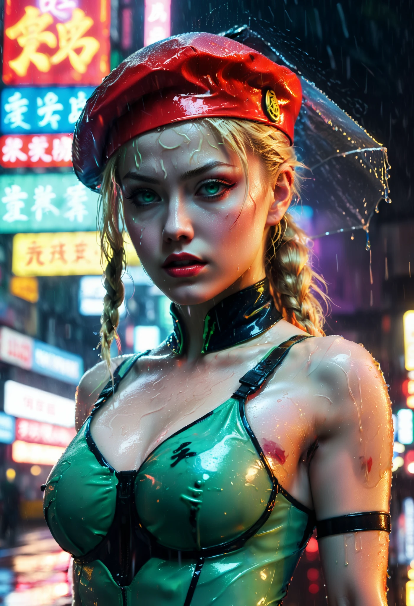 A dramatic close-up of Cammy White, rain dripping down her cheek as neon city lights reflect off her damp skin. Her classic green leotard clings to her powerful shoulders, her red gauntlets raised in a defensive stance. Strands of her wet blonde hair stick to her face, her red beret tilted slightly from the intensity of the fight. Behind her, blurred neon signs flicker, their Japanese kanji glowing red and blue in the rain-soaked night. Her blue eyes hold an unshaken determination, ready for the next battle. Retro cyberpunk aesthetic, deep noir tones, painted 90s action-thriller VHS poster effect.