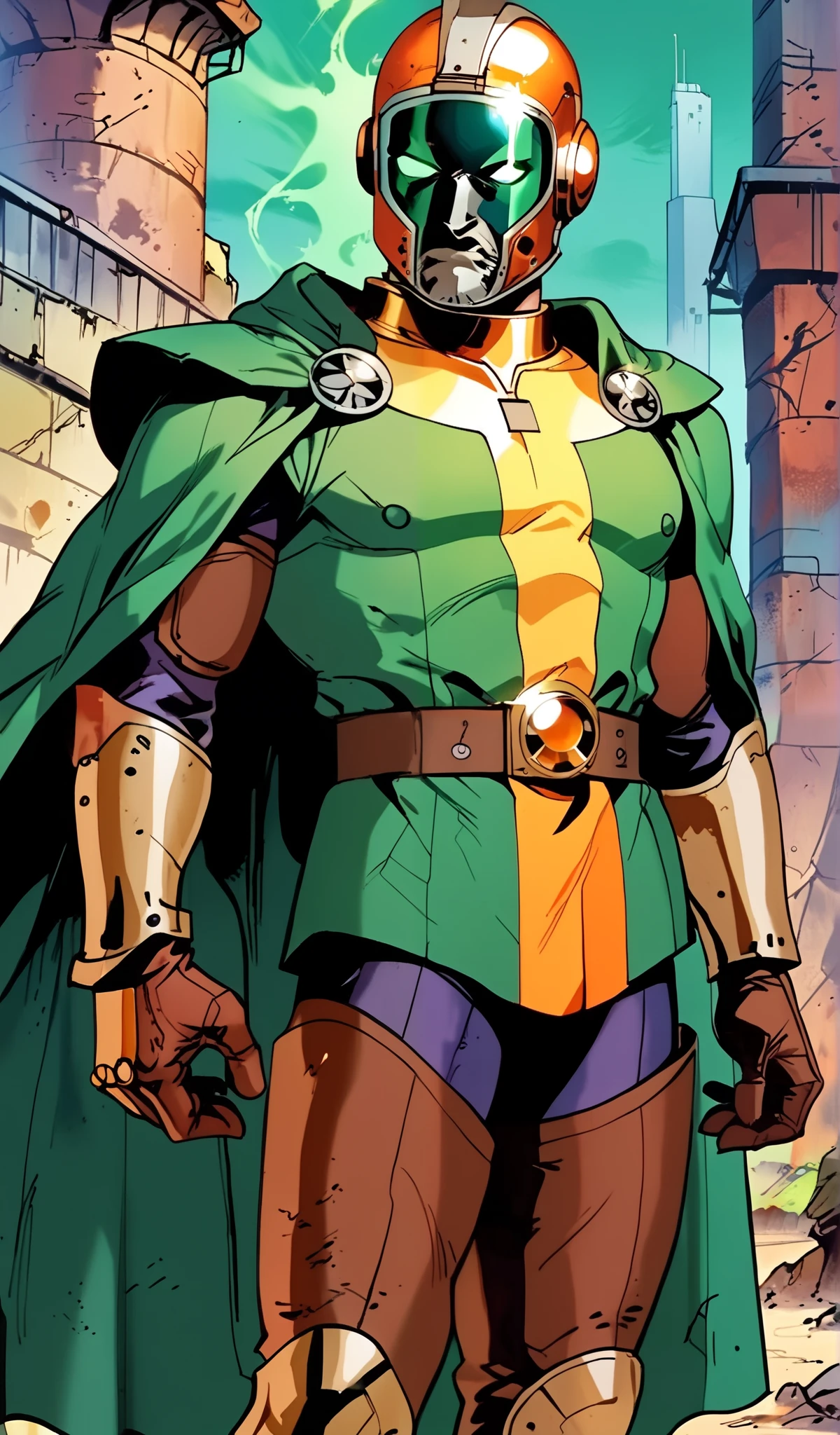 Drawn in 80’s anime art style.
Retro anime. Vintage Anime. Classical Anime.
The outfit is a highly recognizable and iconic superhero suit, primarily green and black, designed for both style and functionality. Here’s a detailed breakdown of its elements:
This person’s combat attire is a fusion of medieval warlord aesthetics, cutting-edge technology, and dark sorcery. He wears a cold, expressionless metal mask fused to his scarred face, paired with a reinforced helmet for added protection. His titanium alloy armor, sometimes infused with vibranium, grants superhuman strength, energy projection, and force field generation, making him nearly indestructible. Over this, he dons a fire-resistant green cloak and hood, often enchanted for extra defense. His gauntlets and boots contain built-in electrical weapons, jet propulsion for flight, and shock-absorption systems. A utility belt holds advanced gadgets, anti-magic tools, and teleportation devices, while his armor is infused with sorcery, allowing him to resist and counter magical attacks. His regal golden clasps, bearing the Latverian insignia, sometimes function as power sources or communication devices. This fearsome combination of strength, science, and sorcery makes them an unstoppable force on the battlefield.
This outfit not only provides protection but also enhances the Superhero’s combat capabilities, making them an effective and stylish anti-hero.