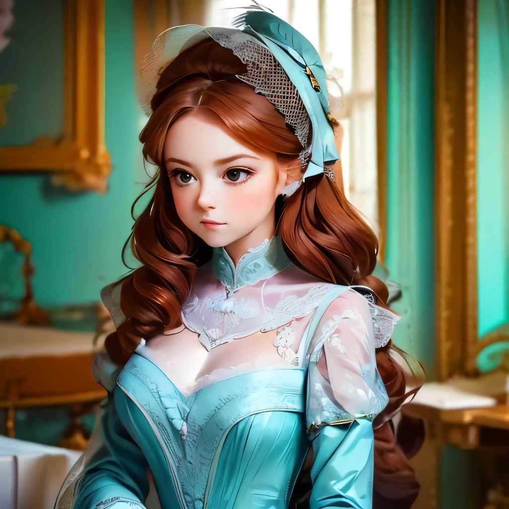 a close up of a woman in a blue dress with a white dress, elegant lady with alabaster skin, inspired by Franz Xaver Winterhalter, curvaceous. detailed expression, biedermeier, john currin, artdoll, 1 7 th century duchess, inspired by Thomas Lawrence, inspired by François Clouet, curvaceous. detailed
