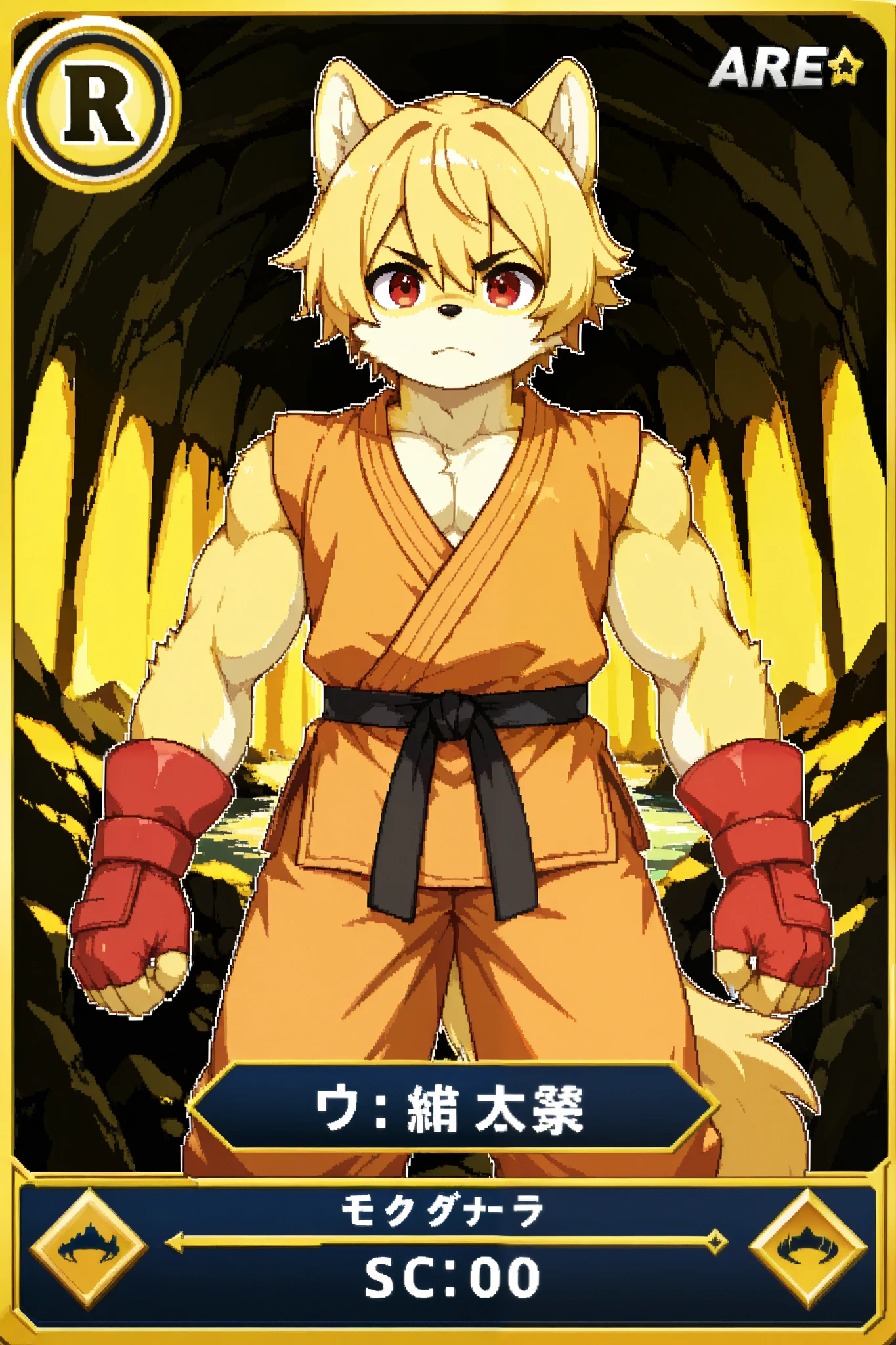 score_9, score_8_up, score_7_up, source_anime, 1girl, solo, pixel art, playingcard, elite rank icon, E, trading card, card_(medium), RPG stats, kemono, 1boy, solo, furry dog boy BREAK
Dog ears and tail, (furry, kemono), yellow hair BREAK bangs, red eyes BREAK short hair, (yellow fur skin), muscle growth, ager young BREAK
Orange dougi, fingerless gloves, red gloves BREAK
Looking at viewer, brave face, portrait, standing, looking at viewer, cave interior, lake, (yellow cave)
