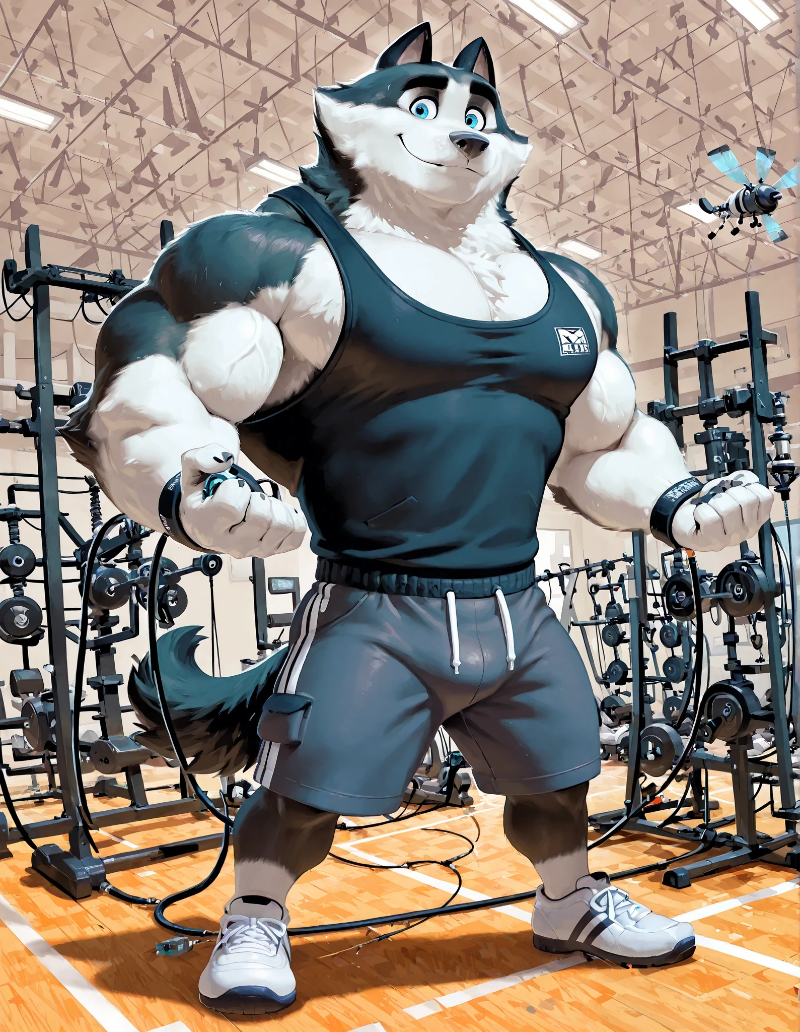 Duke (Arctic Dogs), anthro dog, black fur, white fur, male, blue eyes, high quality, full body, focus on chest workout, Cable Crossover Machine, Cable Fly Machine, solo, gym background, thick arms, muscular, black tank top, dark gray gym shorts, wristbands, gym shoes, cable crossover row, working out, 