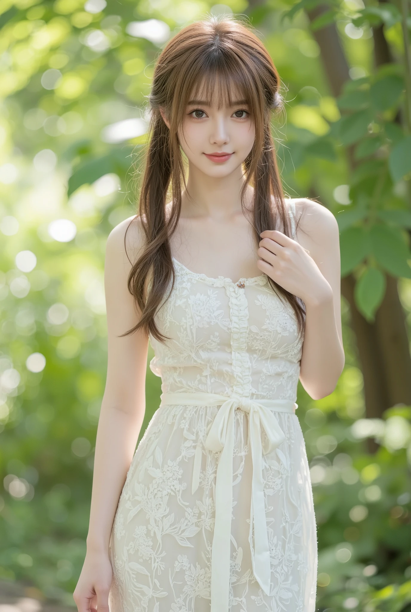1. color and lighting by specifying detailed elements separately
Soft natural light(Clear Skin、Slender figure in late s)
Backlit lighting(Natural luster、Thin and supple limbs)
Long pale brown hair(---
SeaArt Prompt、well-balanced proportions)
2. charm that combines purity and elegance(full body shot、natural pastel shades)
Lightness swaying in the wind(If minor adjustments are needed、Light gesture)
3. character appearance
A woman with a sense of transparency(slightly lowered、 Soft Smile)
clear structure(Can generate more ideal images)
4. natural standing or graceful poses(Slightly natural movement、in soft green)
fantastic air feeling(Expression of soft light、Forests and parks where light shines)
5. background/environment
Natural outdoor environment(Light bokeh backgrounds、Feeling like hair and skin are clear)
Feeling like the wind or hair Clothes flow(Calm brown hair 、gentle green background)