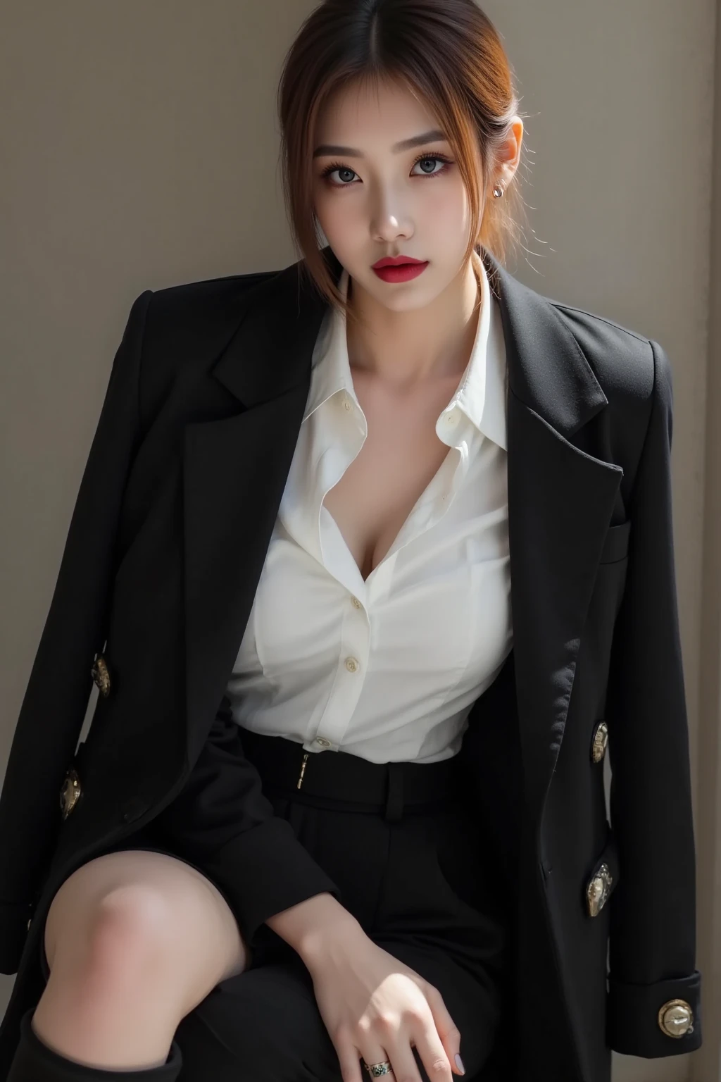 a 20 year old actress has got the most beautiful woman's face in the world, perfect proportions of woman's body, blazer is worn with formal shirt on her upper body with it's large breasts, her vagina between opened legs, two pairs of labia under a clitoris, her pubic hair, sitting on a desk chair in office, nsfw, best quality, highly detailed, masterpiece, ultra high res, photo realistic, 8k