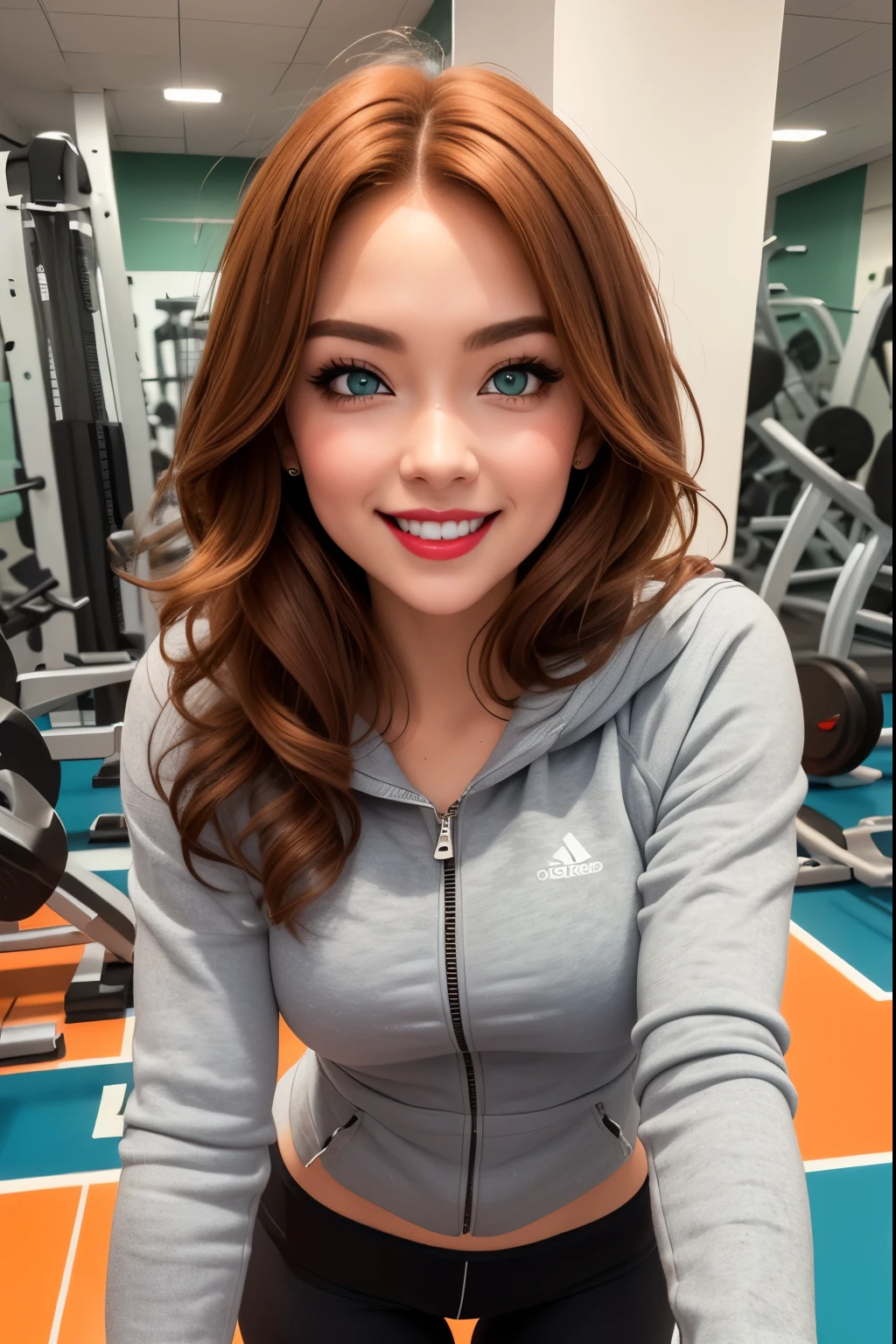  ((best quality photo)), ((masterpiece)), (Detailed), redhead girl, long hair, green eyes, orange lips,  smiling,  sweatshirt with open zipper , fitted sweatshirt,  gray sports leggings,  gym, sweating,