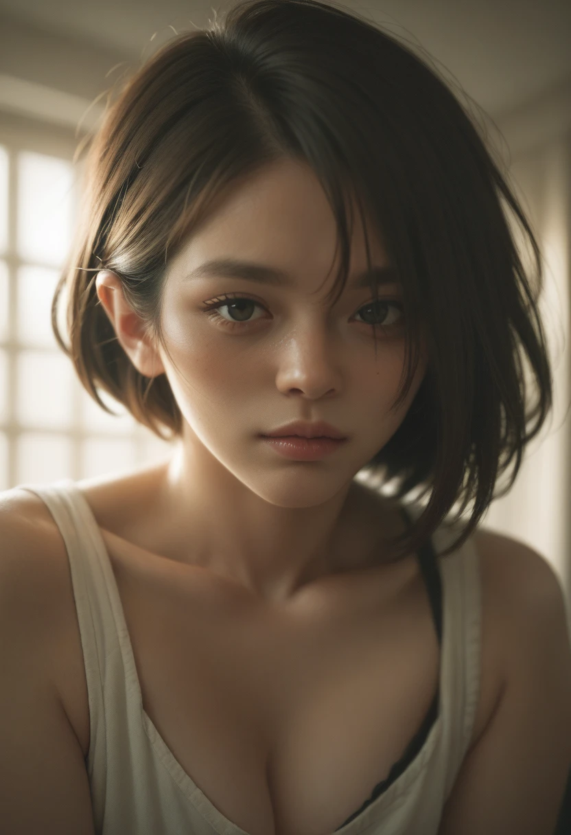 a stunning photograph of beautiful woman,Color film photograph,FilmG,8k,raw photo,(film grain:1),(floating dust particle:1.2),award winning photo,24mm,on focus,spotlight,rim light,in the dark,dimly lit,low key,deep shadow,looking at viewer,(highly detailed skin:1.8),black eyes,petite athletic body,half shave haircut,white dress,pink cardigan,