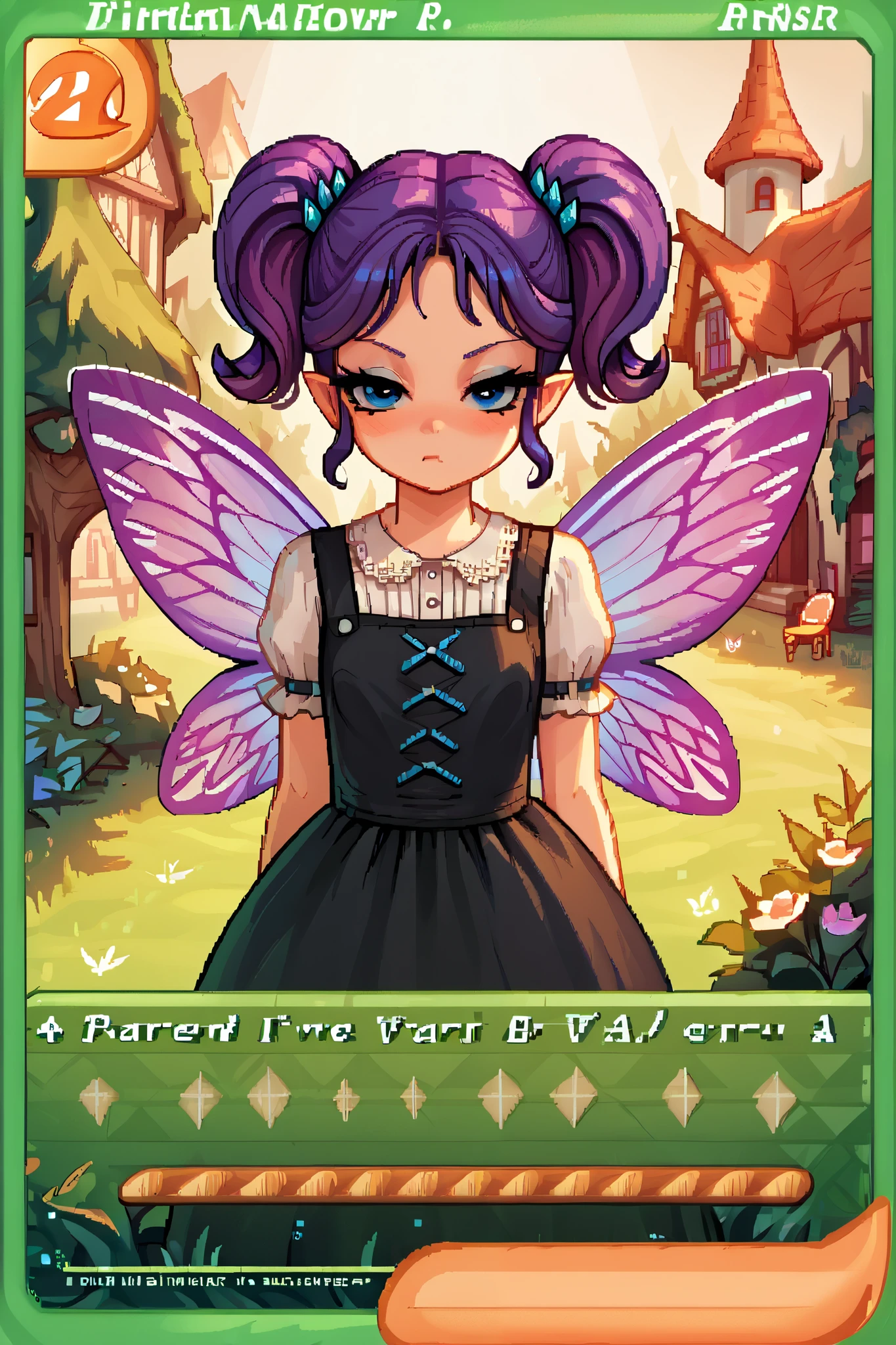 score_9_up, score_8_up, score_7_up, 1girl, solo, source_anime, pixel art, tr4dingcard, card (medium), english_test, common_rarity_icon, N, trading_card, white_trade_card_frames, fairy, FairyForm, Fairy Wings, Wings BREAK
Short twintails, fairy wings, bangs, small breasts, purple hair, blue eyes BREAK
Renaissance, dirndl, orange pinafore dress BREAK
Standing, looking at viewer, bored face, blush BREAK
Outdoors, village town, grass, trees, daytime BREAK