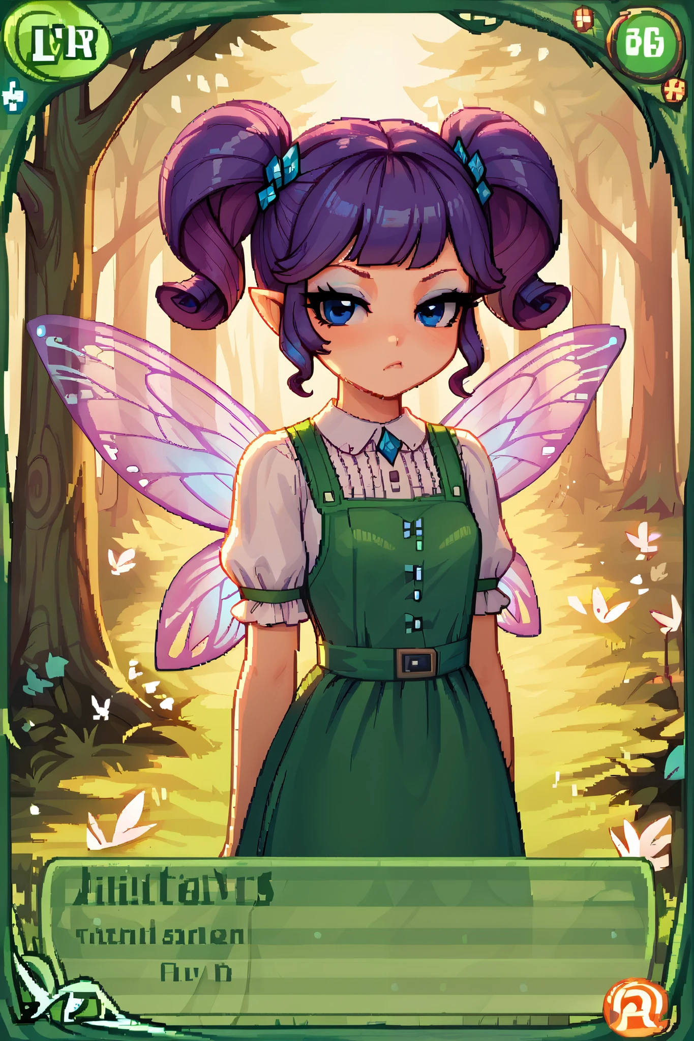 score_9_up, score_8_up, score_7_up, 1girl, solo, source_anime, pixel art, tr4dingcard, card (medium), english_test, common_rarity_icon, N, trading_card, white_trade_card_frames, fairy, FairyForm, Fairy Wings, Wings BREAK
Short twintails, fairy wings, bangs, small breasts, purple hair, blue eyes BREAK
Renaissance, dirndl, orange pinafore dress BREAK
Standing, looking at viewer, bored face, blush BREAK
Outdoors, village town, grass, trees, daytime BREAK