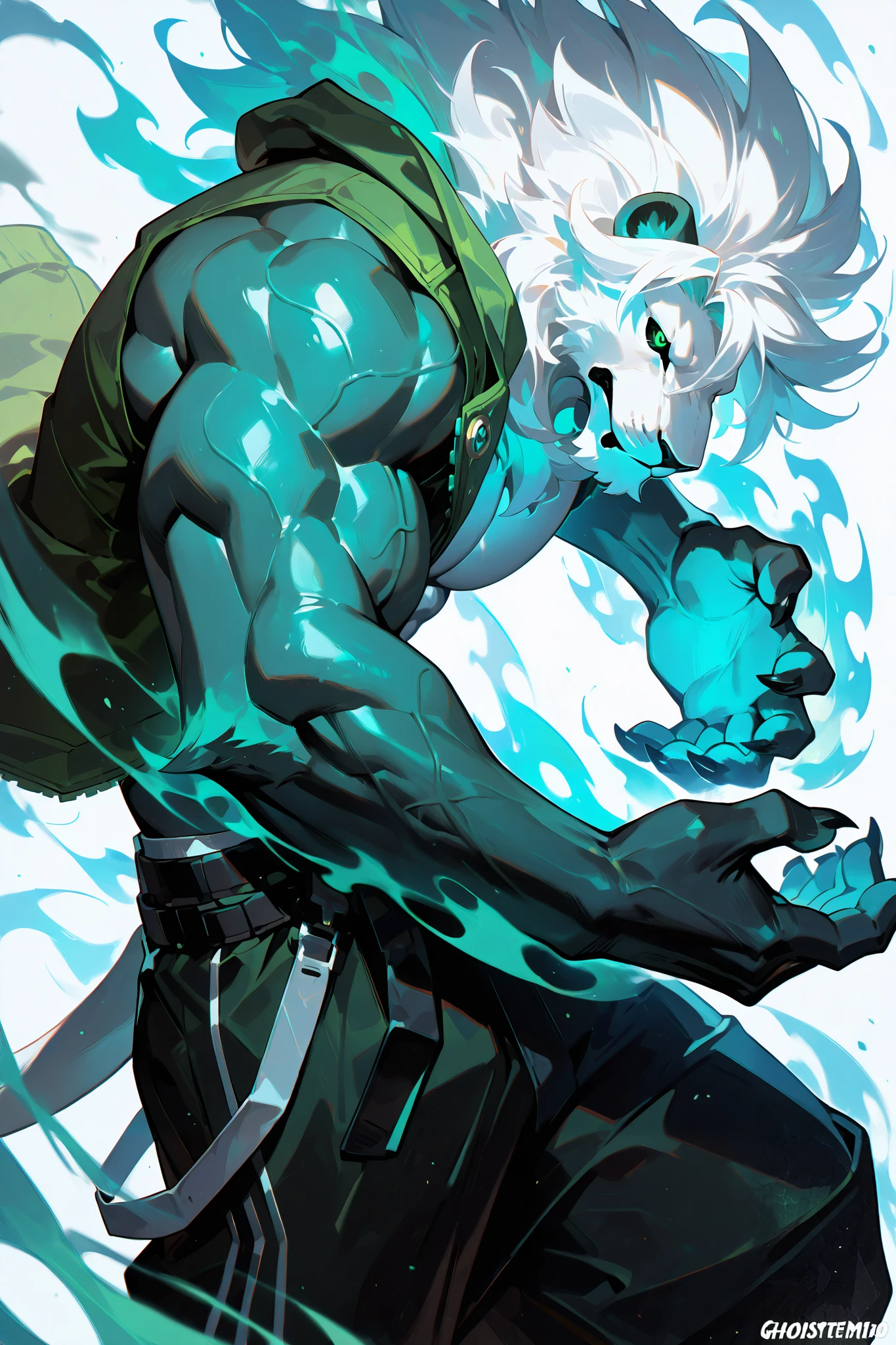 solo, silhouette, shadow of Ghostly Specter, Male, muscular lion anthro character, wearing a Green Jacket, wallpaper quality, on a loading screen, fighting stance, solo, aura, waist up, (Lion Anthro body, Ghostly Appearance, spiked white Hair), Ghostly aura, sinister stare, neon lighting, Green eyes, black sclera, glowing green eyes, (Athletic muscles:1.5), Green jacket, baggy pants, street pants, masterpiece, straps, pectorals, ((Simple White background)), correct anatomy, correct hands, best quality,