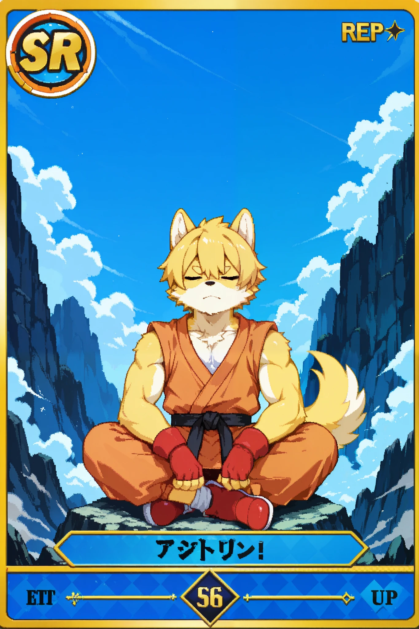 score_9, score_8_up, score_7_up, source_anime, 1girl, solo, pixel art, playingcard, elite rank icon, E, trading card, card_(medium), RPG stats, kemono, 1boy, solo, furry dog boy BREAK
Dog ears and tail, (furry, kemono), yellow hair BREAK bangs, closed eyes BREAK short hair, (yellow fur skin), muscle growth, ager young, flappy ears BREAK
Orange dougi, fingerless gloves, red gloves BREAK
Meditation, portrait, sitting, indian style, outdoors, (rocky landscape), smoke clouds, blue sky, far away mountains