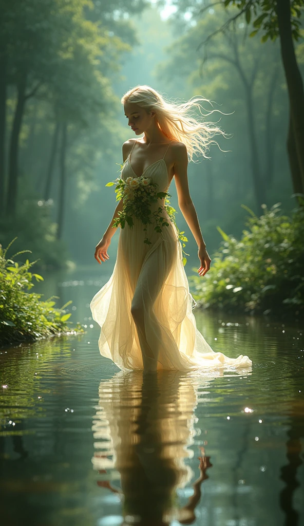 A woman with long white hair,she will wear a white cotton dress and wet,She will be running backwards on the grass of an enchanted garden and there will be a magical river near her.,I want a secret garden kind of vibe and'It's kind of sad,I want the climate closed like an air of sadness