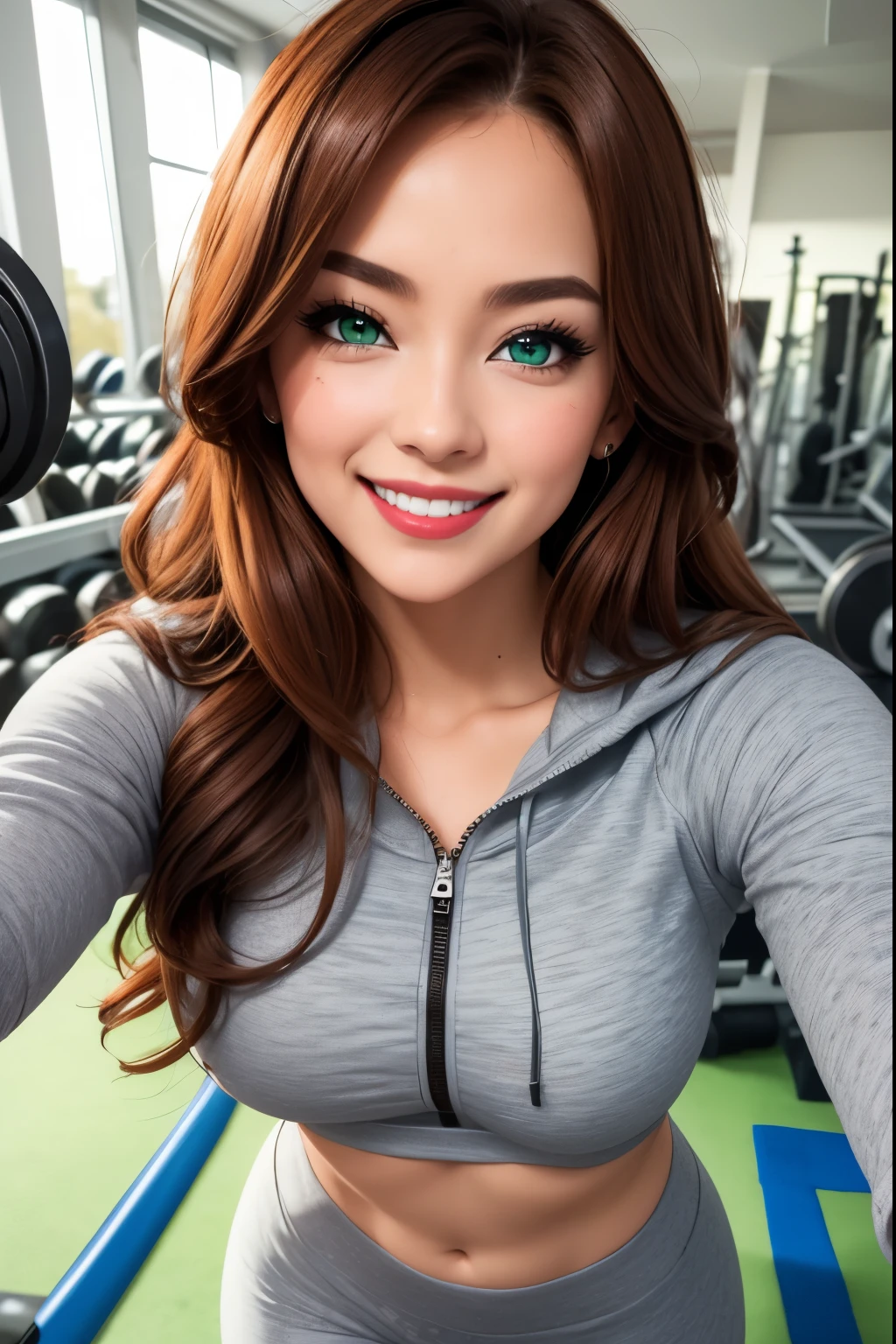 ((best quality photo)), ((masterpiece)), (Detailed), redhead girl, long hair, green eyes, orange lips, smiling, sweatshirt with open zipper , fitted sweatshirt, gray sports leggings, gym, sweating,