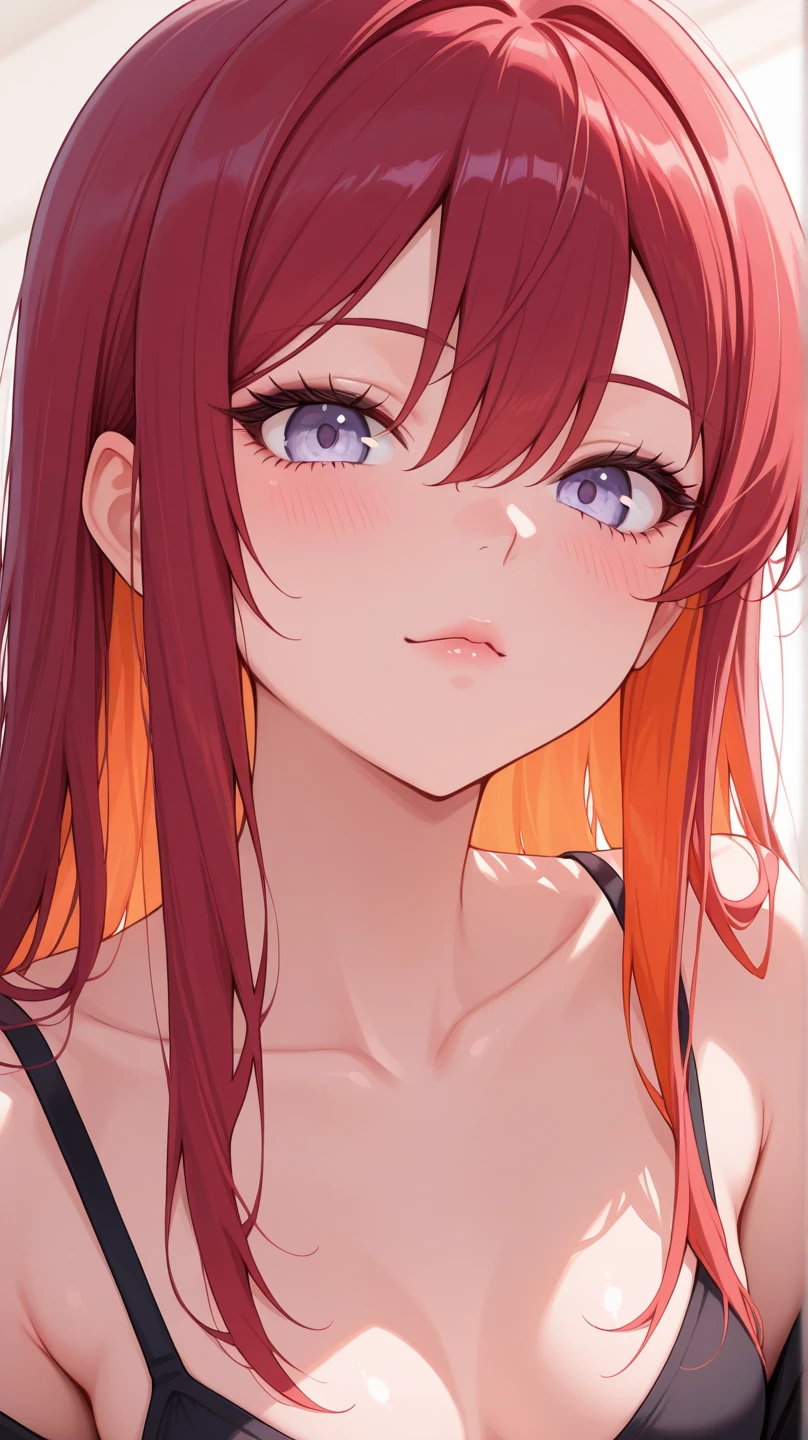 Maki nishikino,love live, cowboy shot,highres,red hair , purple eyes,blush , tube top bikini, standing ,v arms,white background , shy