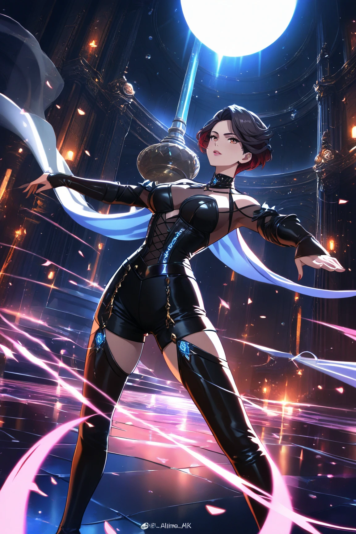 Moonset Moonlight, ((epic top-quality, 64K, high-level image quality: 1.3, ultra realistic, epic professional photorealistic: 1.4)), Crisp focus: 1.2, Beautiful Women in Perfect Style: 1.4, Slender face: 1.2, ((Black hair, Short hair, Big: 1.2, Slender features)), epic Highly detailed facial and skin texture, Detailed eyes, Double eyelids, Adult Woman, solo, Dress with open back、hotel、suite room、terraces、nighttime scene, ultra-detailed, ultra high-quality, ultra high-resolution, professional cinematic lighting, photon mapping, radiosity, physically-based rendering, cinematic lighting, ultra sharp focus, ultra high-definition, saturate, reflection, varied multi etc. --v6 --s1000 --c20 --q5 --chaos100