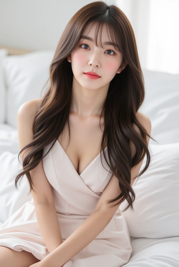 8K resolution, masterpiece, ultra high res, extremely detailed, photorealistic, an extremely delicate and beautiful, detailed skin, beautiful realistic face, detailed face, One Girl, 19 years old, Attractive Japan Woman Pictures, best light, modelshoot style, dramatic angle, light brown hair, asymmetrical hair, asymmetrical bangs, messy hair, elegant pose, Perfect female body, perfect and delicate limbs, Perfect Body, lie on bed, (tank top:1.3), (looking at viewer:1.1),