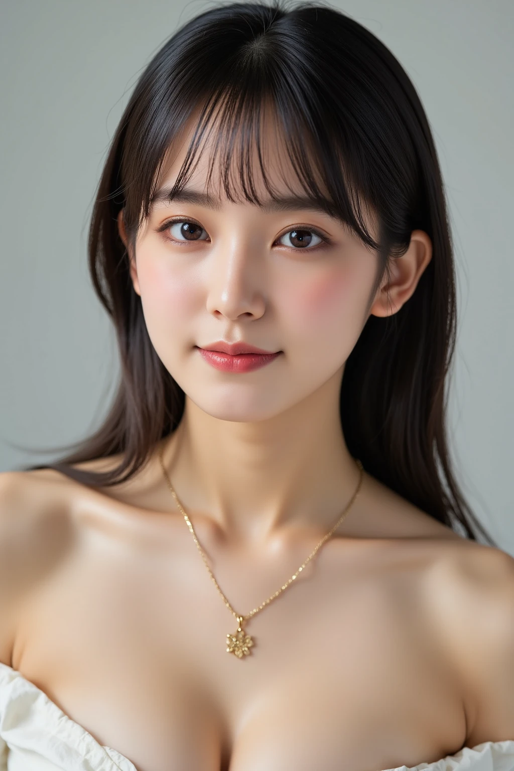8k, Ultra-high resolution, Highest quality, masterpiece, 三分割法によるphotograph,Surreal, photograph, 1 Girl, (16 years old:1.3), pretty girl, Cute Face, 細部までBeautiful Eyes, 細かくdetailedに,masterpiece,One Girl:1.2,Japanese female announcer,close up,light smile,Black Hair,Curtain bangs,Super Beautiful Girl 4,((1 girl:1.4)),Shine, Natural skin texture、(Stylish clothes:1.4),(The highest rank of ceremonial attire),Attractive girl、16 years old、(Perfect female body:1.4)、(女の子のポートレートphotograph:1.4)、(Photorealistic images:1.4),Fantasy art,(Beautiful Face:1.4)、Beautiful breasts,Beautiful and attractive eyes、Beautiful Eyes、(Tight waist:1.4)、(Beautiful girl with perfect body proportions:1.4),Red lips,(choker:1.4、necklace:1.4、Earrings:1.4),Looking at the audience,(((Ideal body type))),A-cup small breasts :2,、Portraiture:2、Perfect Anatomy、鮮明なdetailed、detailed,Fashion magazine cover,Thin lips,Gray background ,完璧でBeautiful Face ,完璧でCute Face, Skin with attention to detail, Perfect limbs、Narrow waist,Looking at the audience,(((Ideal body type))),A cup small breasts :2,Portraiture:2,Perfect Anatomy,鮮明なdetailed,detailed,Surreal,Light and shadow,spotlight