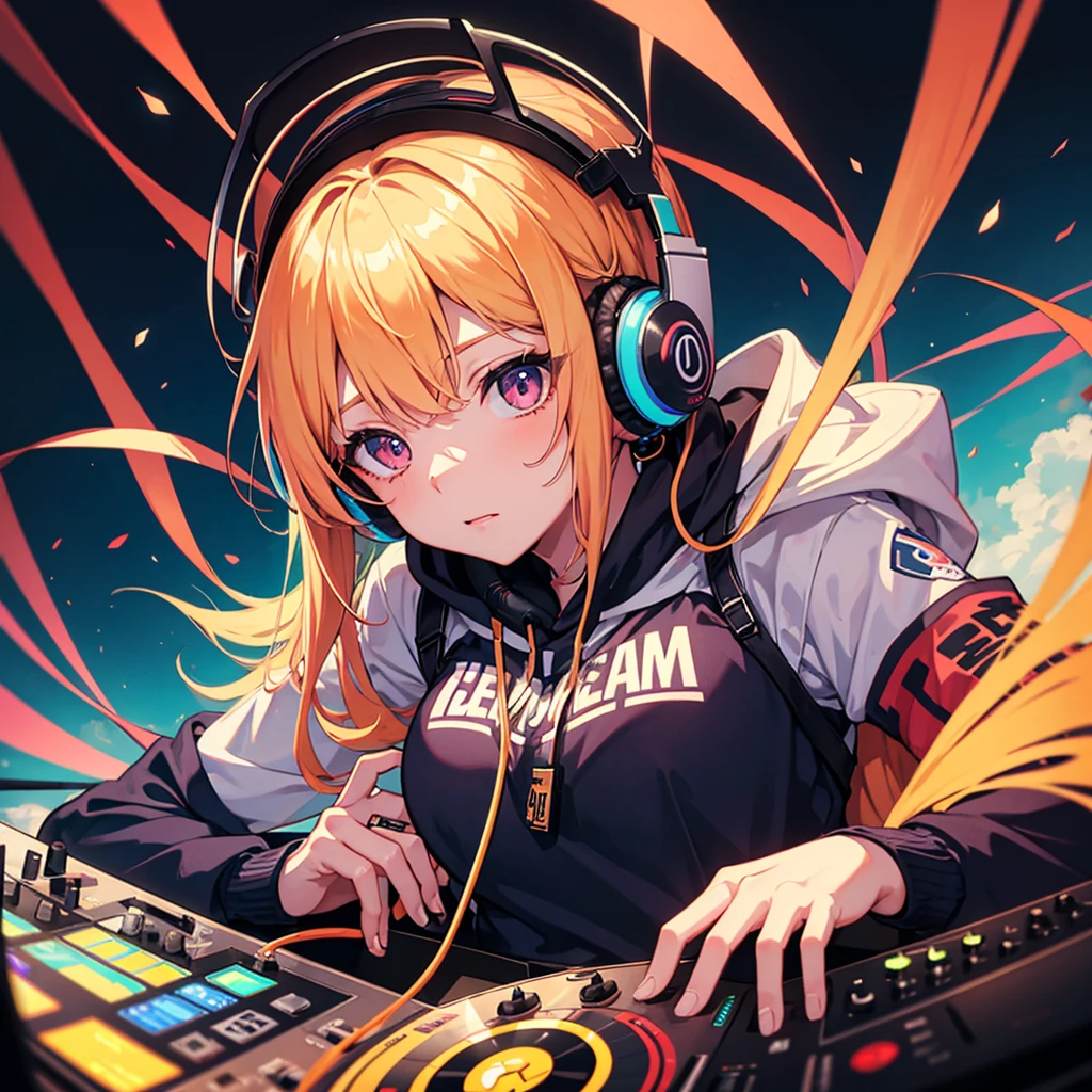kaela playing disc jockey, vibrant color, colorful