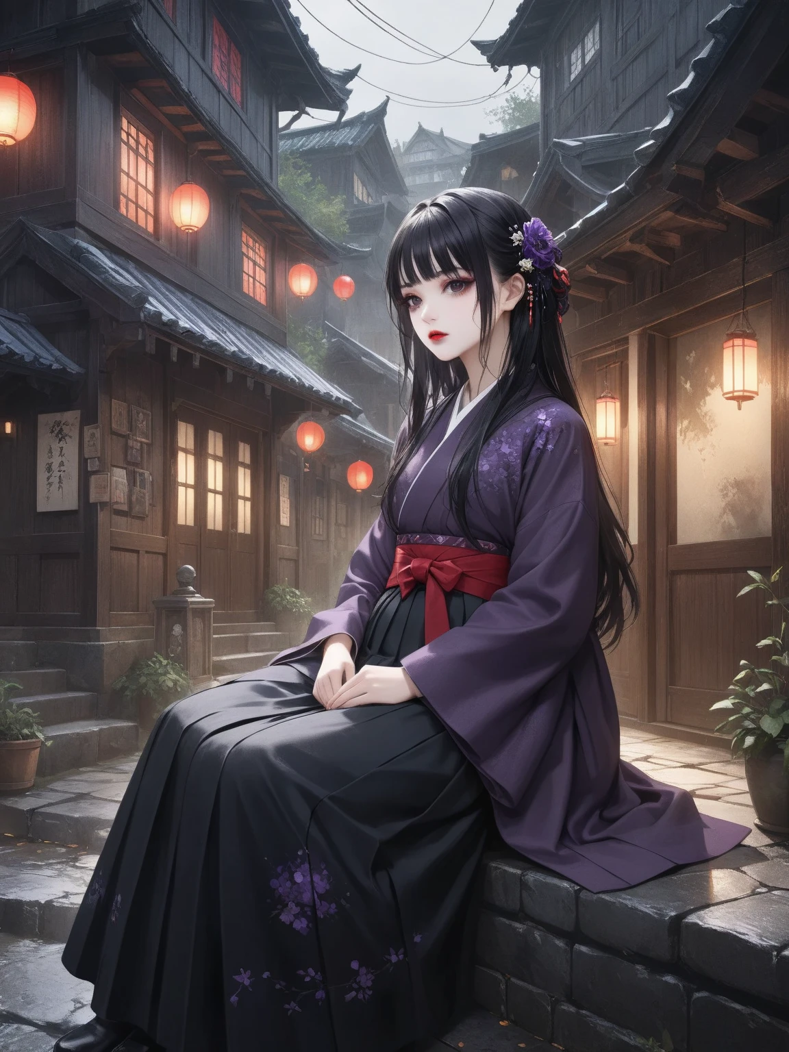 UHD、top quality、high image quality、greatest masterpiece:1.4、16k、High Precision、absurd、Realistic、Draw with oil pastels、 Dark Color Palettes 、Uneasy atmosphere、 Gloomy Atmosphere 、painting or digital art、Hakama Girls 、full body、red sash 、Old Western-style building、sit cross-legged at the unpopular entrance、Unusual Suspicious Expression、Deep, shining, detailed dark eyes、moist lips、glossy, detailed black hair、long hair。fluffy、bokeh、soft focus、 dark gothic 、 Gothic Horror 、isometric drawing、dark purple filter