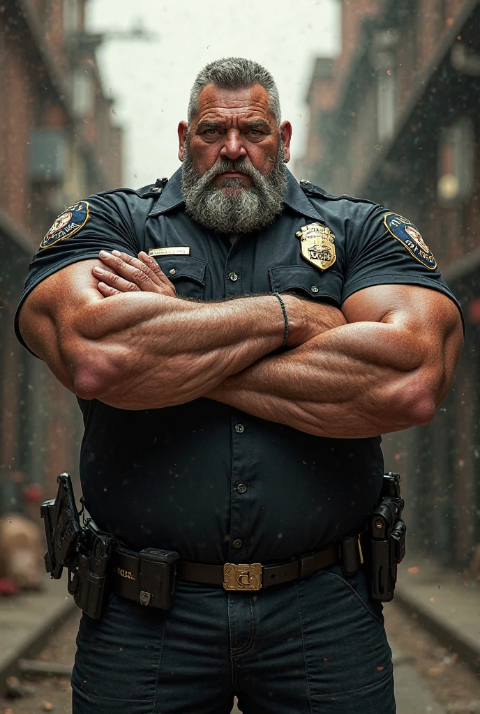 age 60, white man police detective with a mature, kind demeanor, strong and muscular yet chubby build, mustache, wearing a buttoned-open shirt, police uniform shirt, gun holster harness, hairy chest, giving off a hint of a horny yet disgusting aura, completing the look with comfortable loafers, underwear showing(latex), nice bulge, nicebulge, 