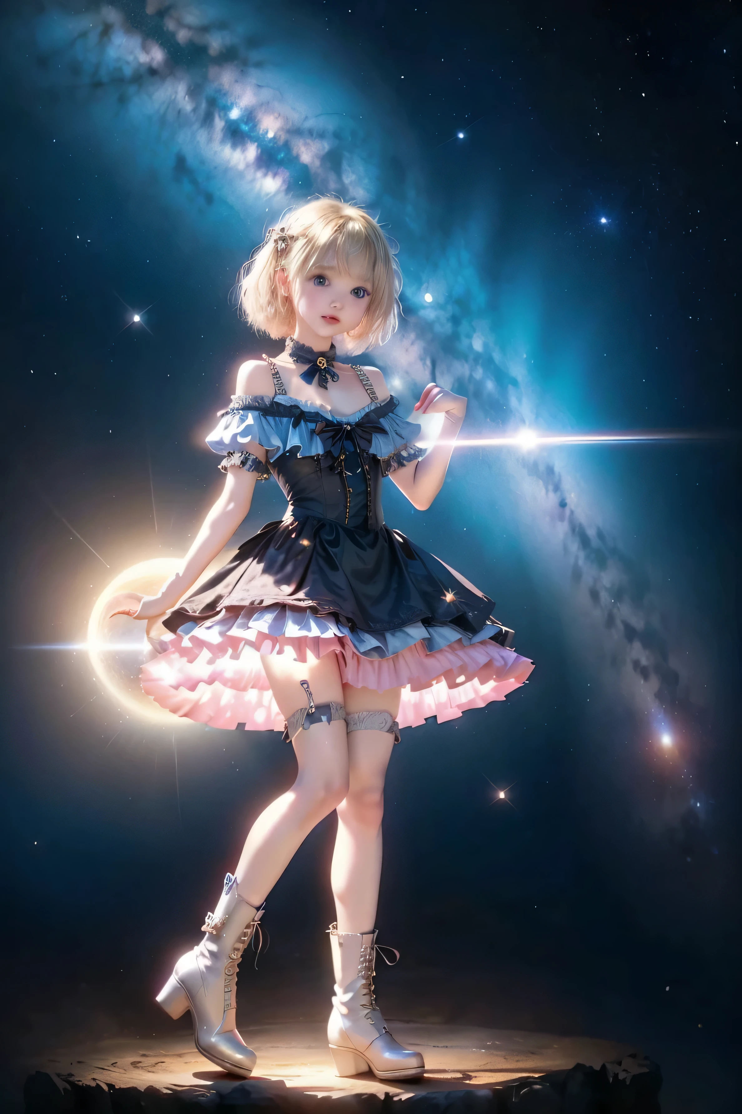 Masterpiece The background is a fusion of aquarium and galaxy, cute and beautiful chibi girl avant-garde star pattern string bikini. (((Chibi3D))) --auto